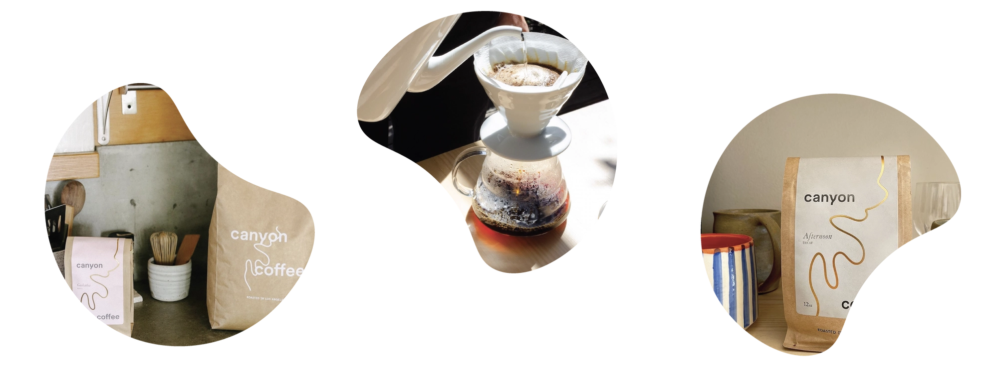 Three scenes from Canyon Coffee: a shelf, a pour over, a paper bag